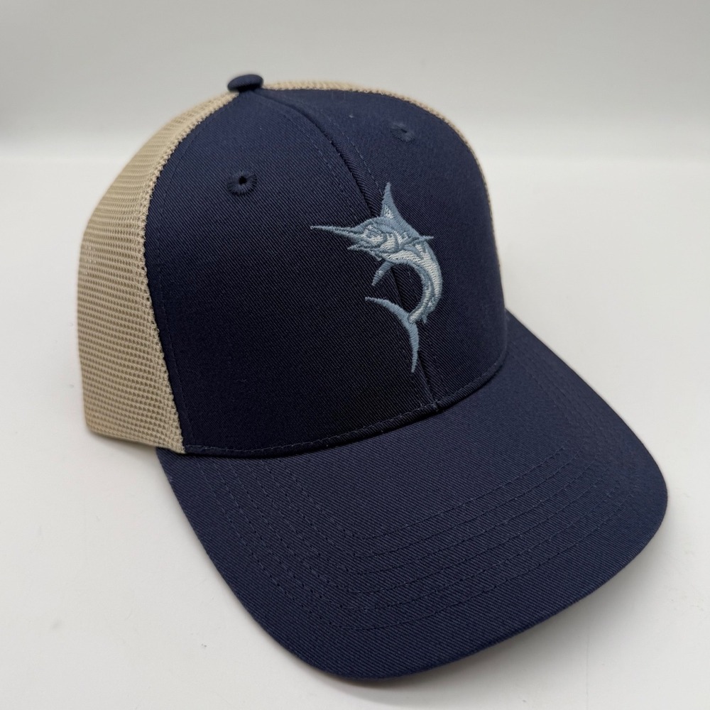 New Life Is Good Outdoor Trucker Hat Marlin Embroidery OS Navy Tan Snapback Mesh